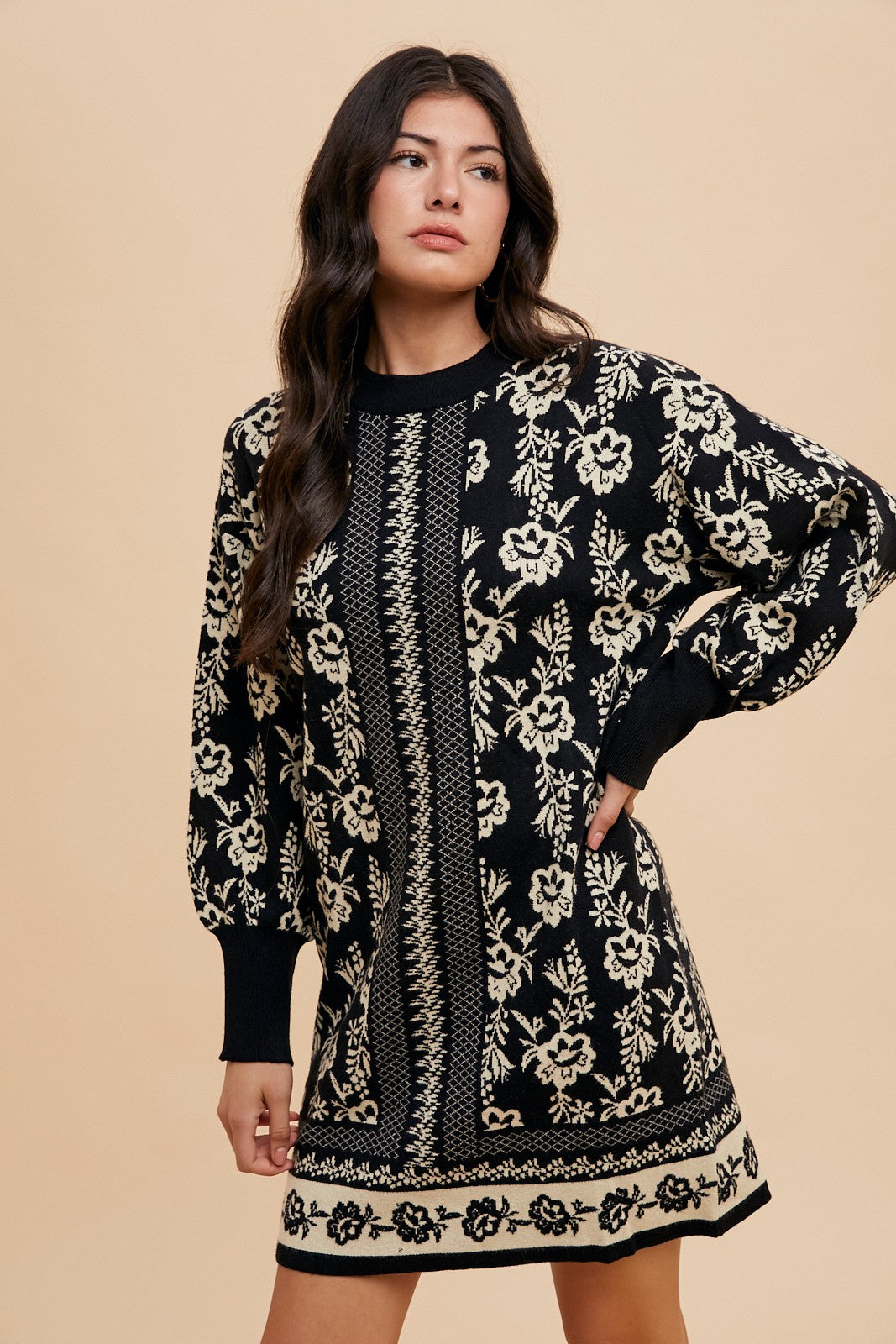 Annie Wear Floral Jacquard Round Neck Sweater Dress in Black Dresses