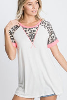 Heimish Ivory Leopard Round Neck Short Sleeve T-Shirt with Stitch