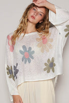 POL White Flower Dropped Shoulder Long Sleeve Knit Top White Shirts & Tops