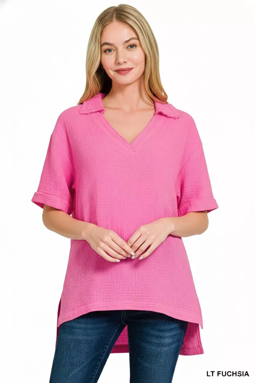 Zenana Double Gauze Short Sleeve High-Low Top