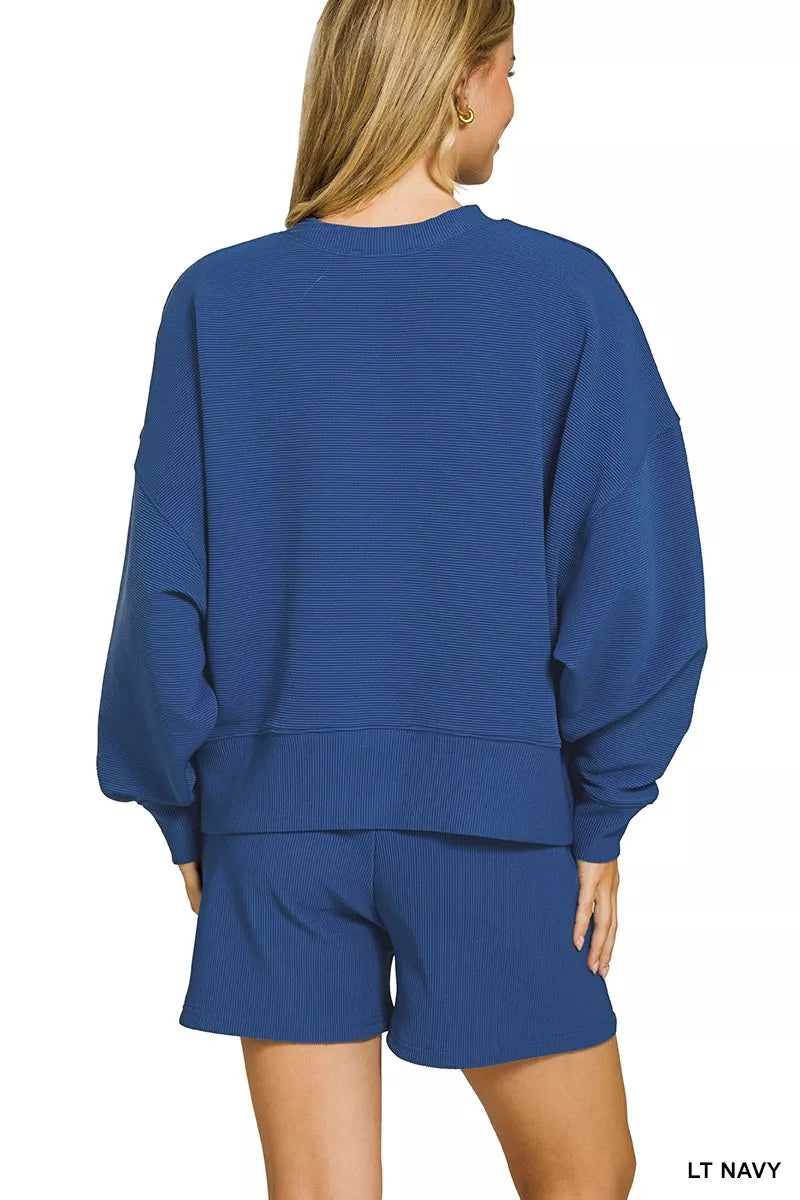 Zenana Light Navy Ribbed Round Neck Pullover and Shorts Set