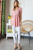 Heimish Rose Waffle Knit V-Neck Babydoll Top Trendsi