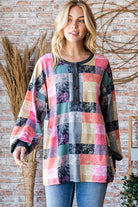 Heimish Acid Wash Long Puff Sleeve Multi Color Paid Print Top Bogo Free