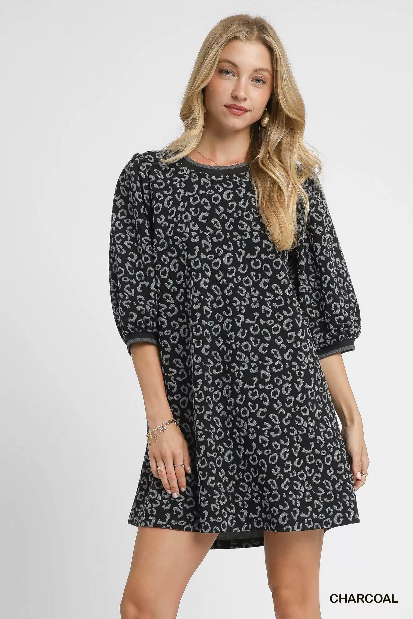 Umgee Leopard Print Jacquard Mini Dress CHARCOAL