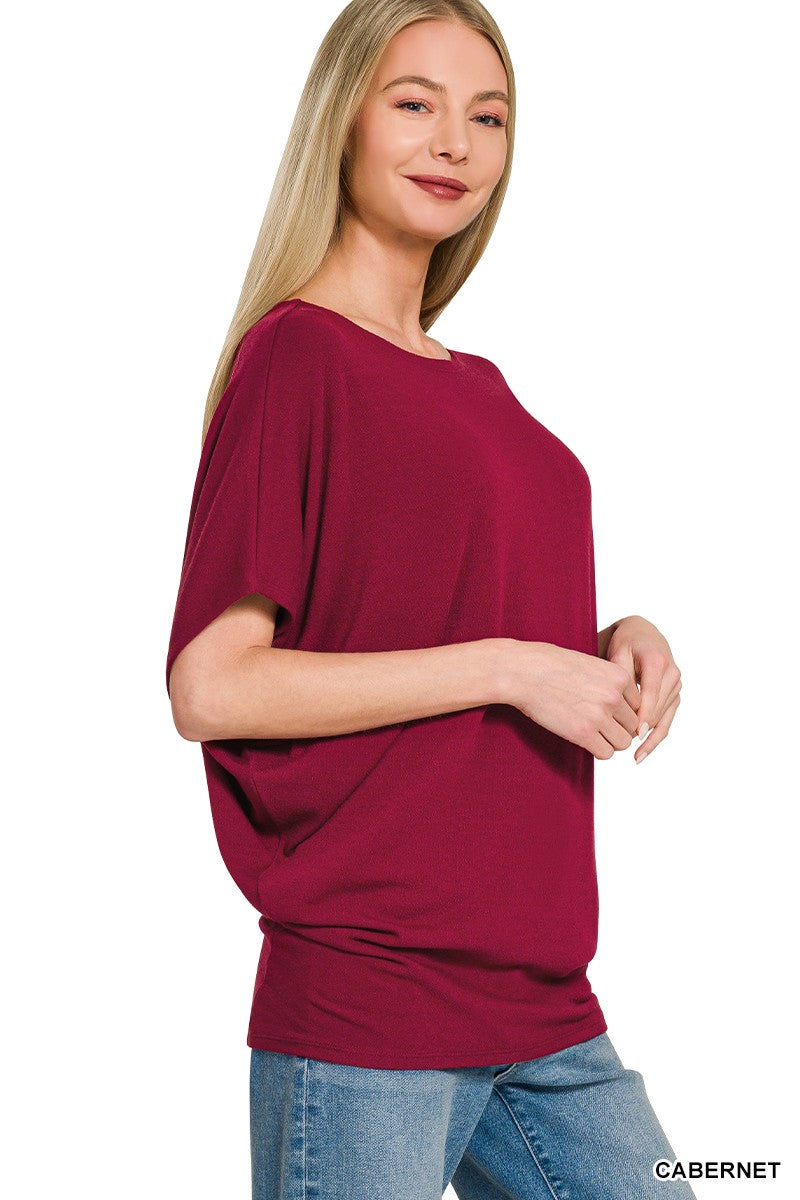 Zenana Cabernet Hacci Dolman Sleeve Boat Neck Top