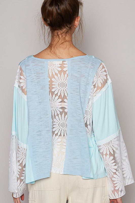 POL Powder Blue Lace Detail V-Neck Flare Sleeve Blouse