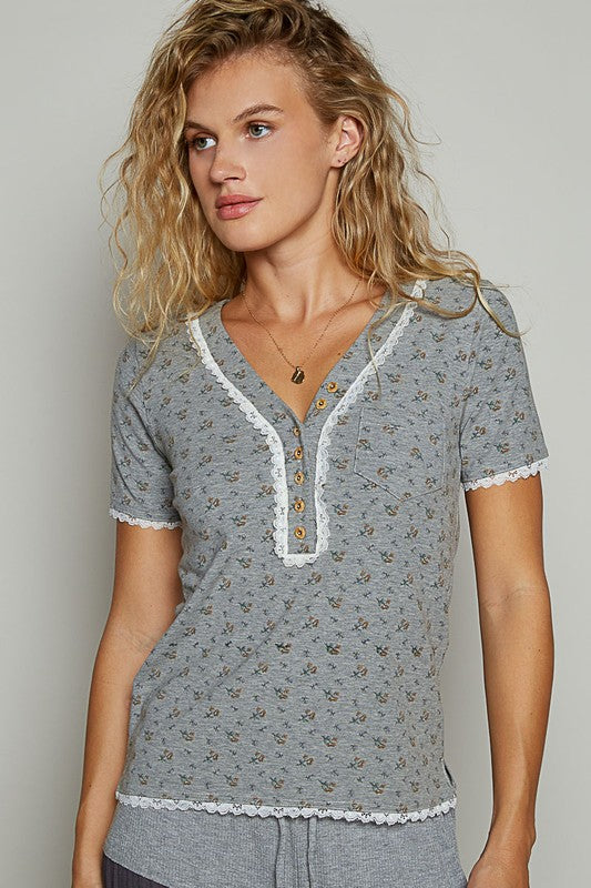 POL Lace Detail Floral V-Neck Button Detail Short Sleeve T-Shirt