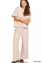 Zenana Sand Beige Ribbed Round Neck Short Sleeve Tee & Pants Set
