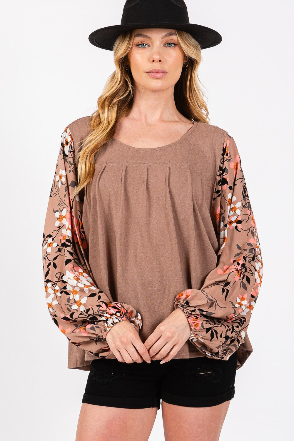 SAGE + FIG Brown Floral Long Sleeve Front Pleated Detail Blouse Trendsi