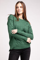 Zenana 9 Colors Melange Hi-Low Hem Round Neck Chest Pocket Sweater ZENANA