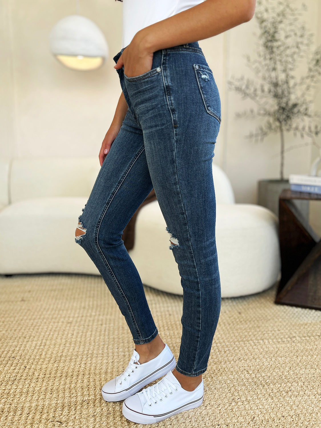 Judy Blue Dark Washed Mid Waist Distressed Slim Jeans Trendsi