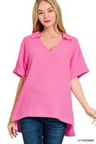Zenana Double Gauze Short Sleeve High-Low Top LT FUCHSIA