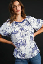 Umgee Blue Two Tone Landscape Round Neck Print Top Blue