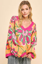 Davi & Dani Neon Orange Floral Contrast V-Neck Dropped Shoulder Sweater Trendsi