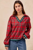 BiBi Christmas Red Plaid Collared Top with Ruffled Detail