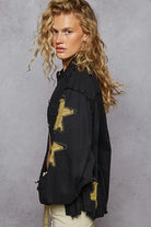 POL Black Star Patch Raw Hem Button Up Twill Denim Ballon Sleeve Jacket