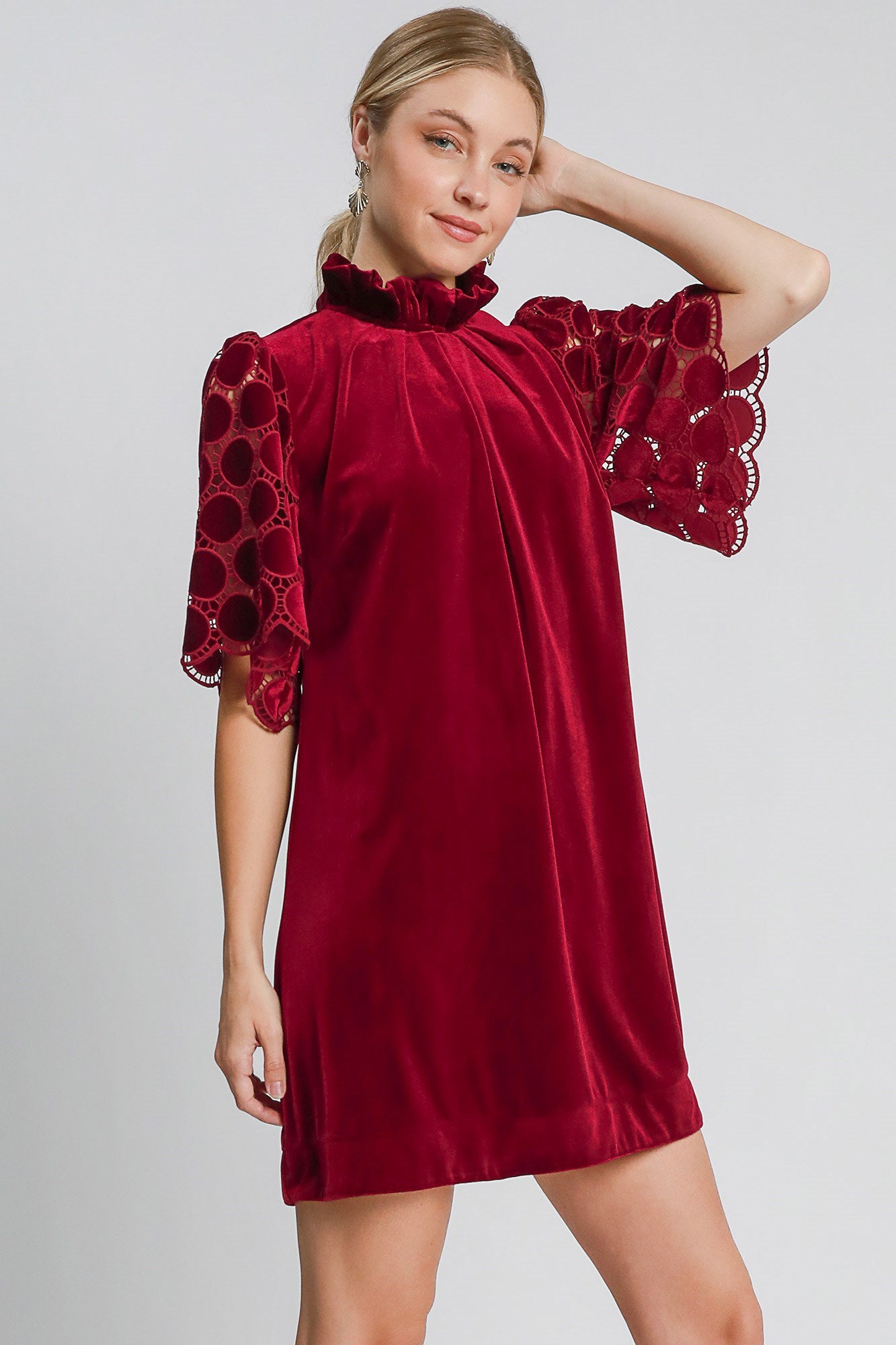 Umgee Burgundy Dotted Lace Half Sleeve Mock Neck Back Tie Velvet Dress Dresses