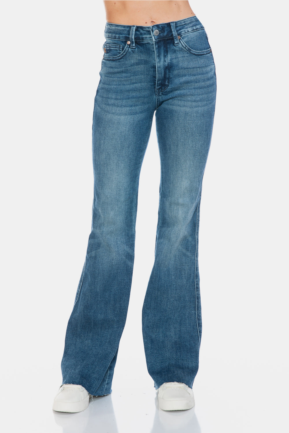 Judy Blue Medium Washed Tummy Control Cut Hem Flare Jeans Trendsi