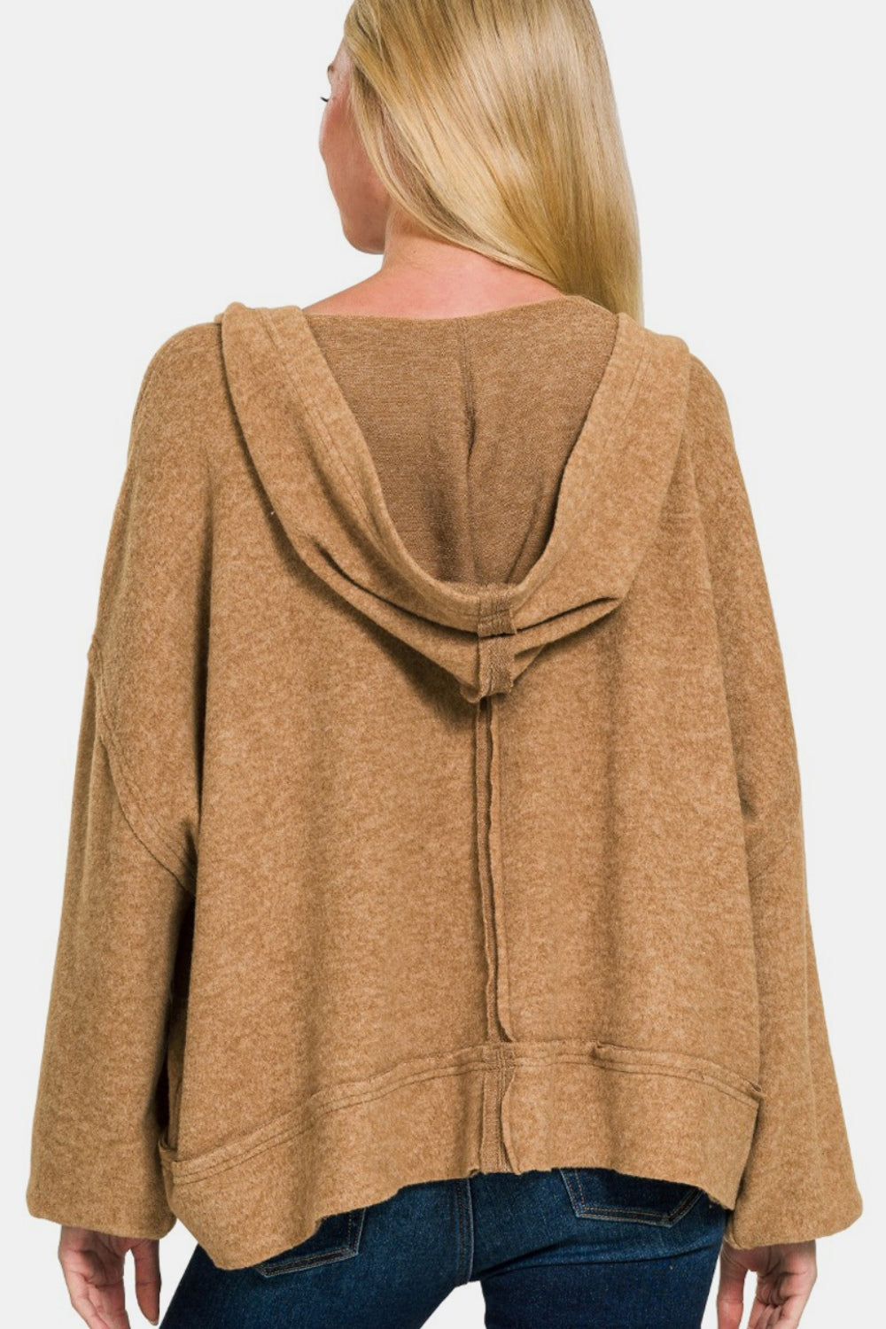 Zenana Deep Camel Brushed Hacci Exposed Seam Hoodie Trendsi