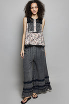 POL Black Printed Woven Lace Back Round Neck Sleeveless Top