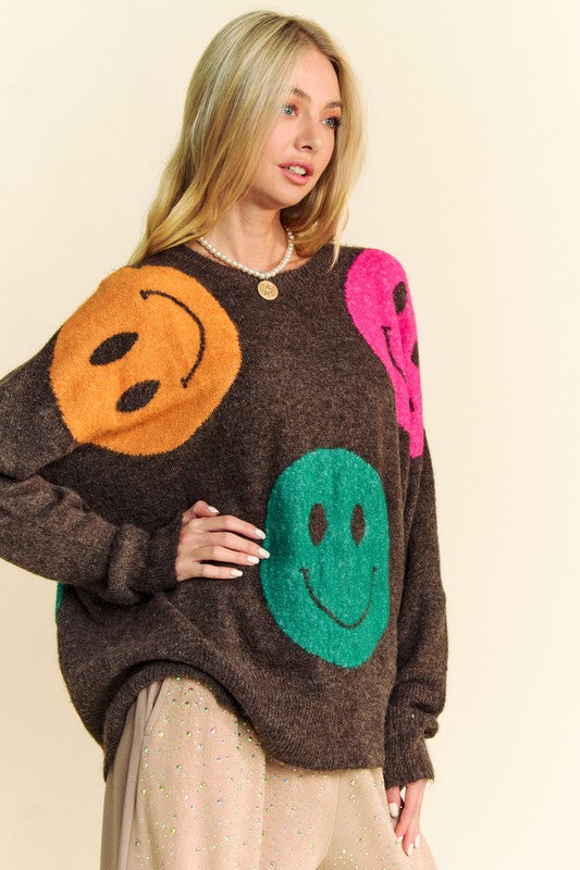 Davi & Dani Dark Brown Contrast Smile Printed Round Neck Oversize Sweater Shirts & Tops