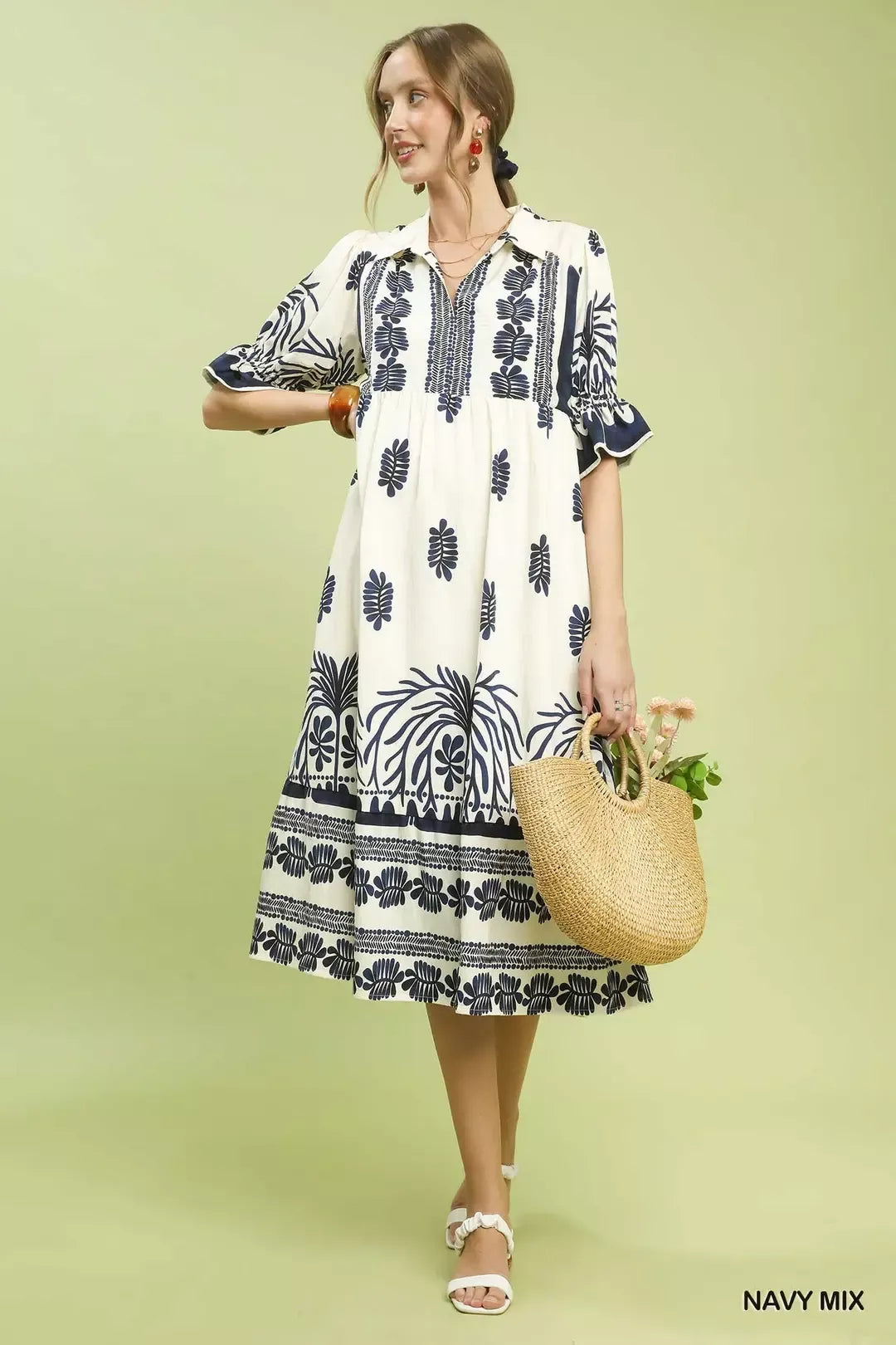 Umgee Navy Mix Border Print Midi Dress with Puff Sleeves