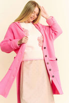 Davi & Dani Pink Side Slit Button Up Hooded Cardigan Trendsi