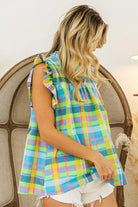 BiBi Blue and Yellow Multi Color Check Plaid Woven Blouse