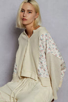 POL Cream Mix Thermal Floral Pattern Quilted Knit Cropped Top with Raw Edge Detail