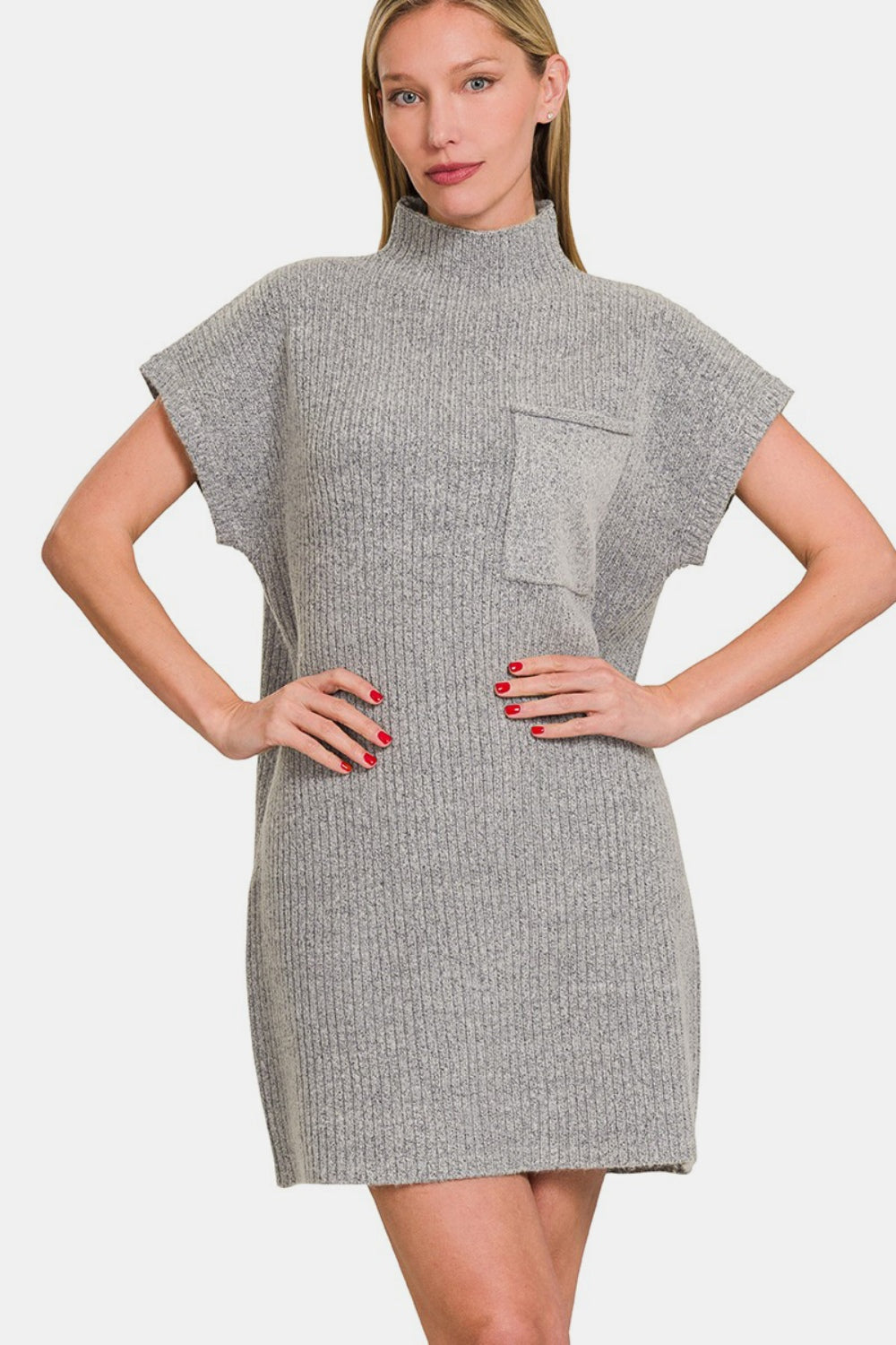 Zenana Grey Mock Neck Short Sleeve Sweater Mini Dress Trendsi