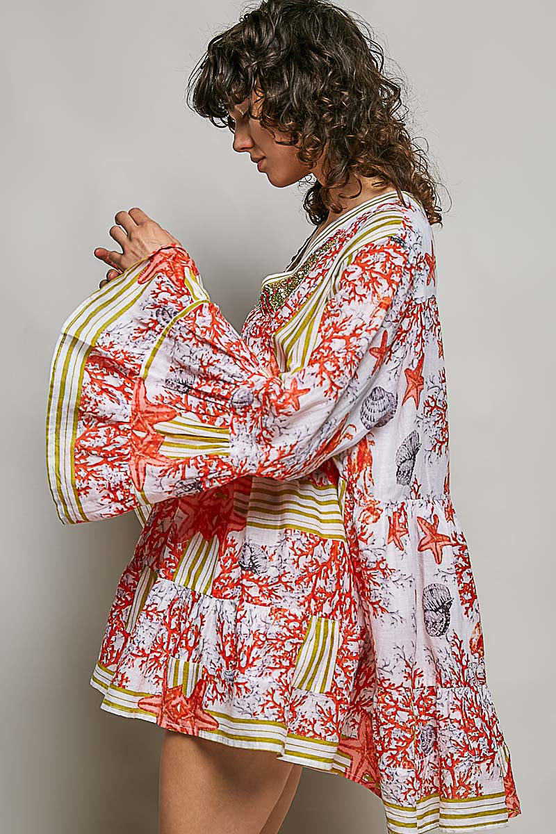 POL Ivory/Red Striped Floral Long Sleeve Mini Dress with Pintuck Detail