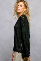 POL Black Round Neck Long Sleeve Open Weave Sweater