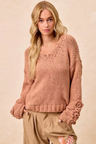 BiBi Dusty Peach Chunky Knit Sweater with Flower Detail Sleeves