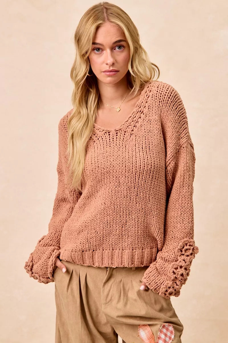 BiBi Dusty Peach Chunky Knit Sweater with Flower Detail Sleeves