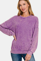 Zenana Violet Washed Round Neck Dropped Shoulder Sweatshirt Shirts & Tops