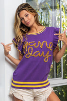 BiBi Purple & Gold Game Day Letter Contrast Trim Ruffled Sleeveless Sweater Purple Gold Trendsi