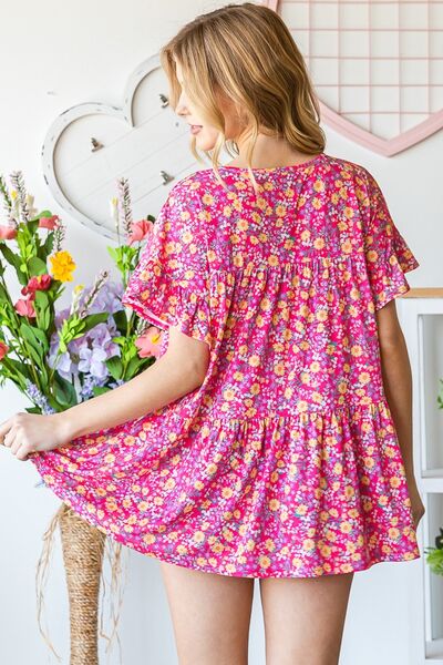 Heimish Ruffled Short Sleeve Floral Tiered Blouse