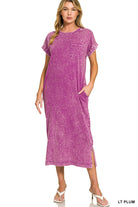 Zenana Light Plum Acid Washed Exposed Seam Short Sleeve T-Shirt Dress LT PLUM