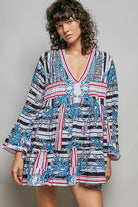 POL Striped Floral Long Sleeve Mini Dress with Pintuck Detail IVORY BLUE MULTI