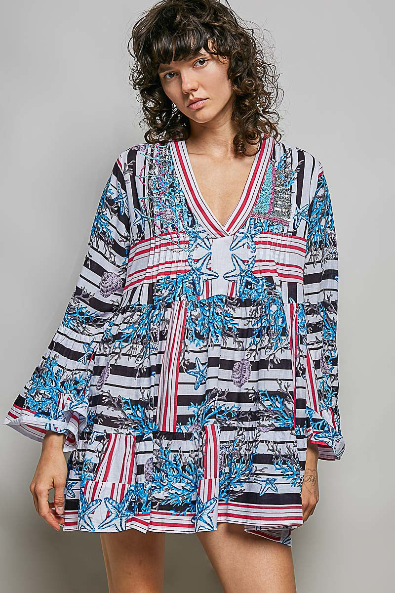 POL Striped Floral Long Sleeve Mini Dress with Pintuck Detail IVORY BLUE MULTI