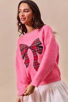 SO ME Pink Checker Plaid Ribbon Christmas Holiday Sweater