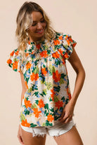 BiBi Cream & Multi Color Floral Print Woven Ruffle Sleeve Blouse