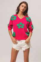 BiBi Fuchsia & Jade Pearl Beads Flowers Sweater Top