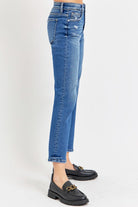 RISEN Dark Washed Tummy Control High Rise Crop Bootcut Jeans