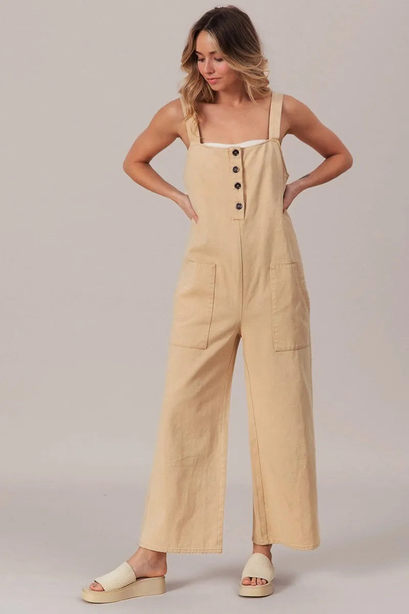 BiBi Oatmeal Washed Denim Buttoned Overall Jumpsuit