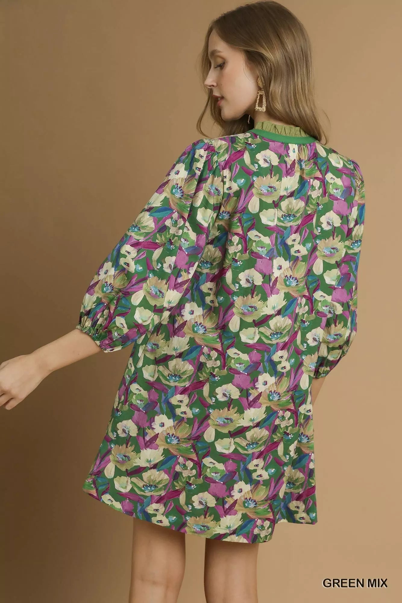 Umgee Green Mix Boho Floral Balloon Sleeve Mini Dress