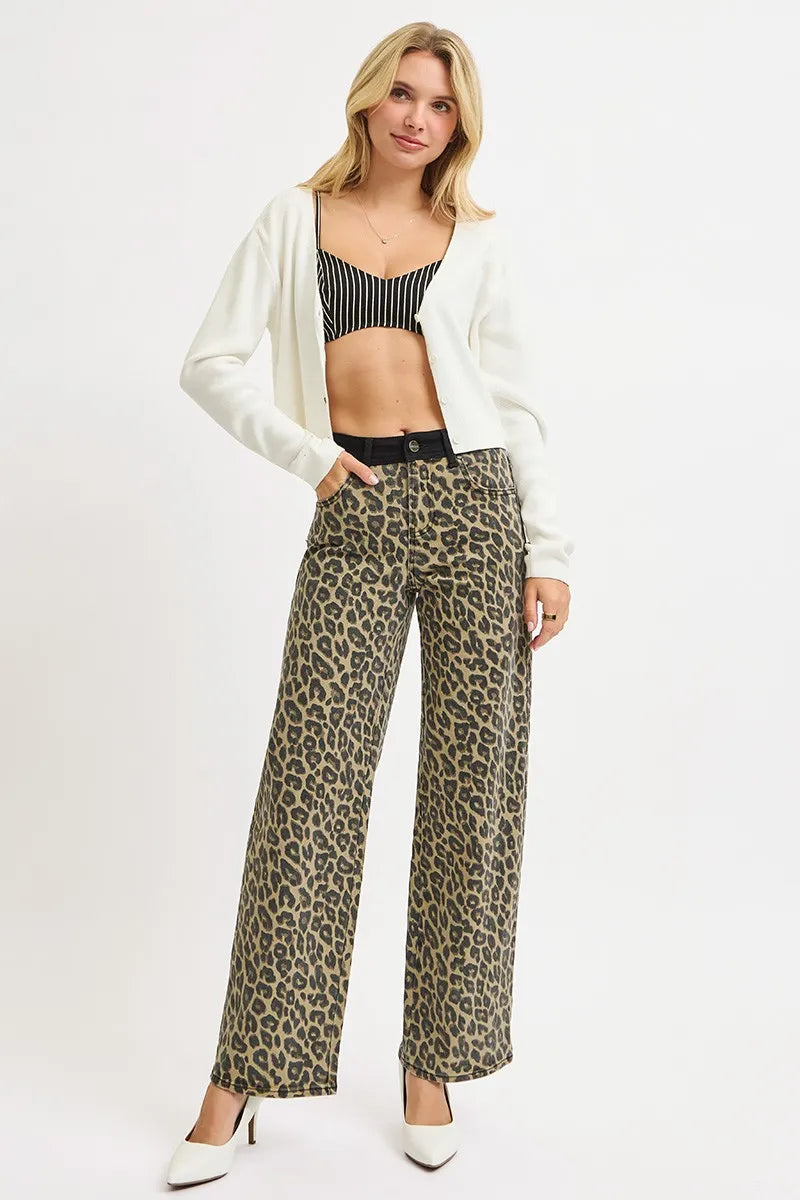 RISEN Coffee High Rise Wide Leg Leopard Printed Jeans with Contrast Waist Band Detail