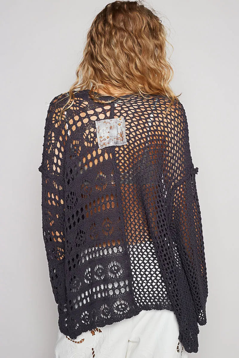 POL Charcoal Open-Front Crochet Oversized Cardigan