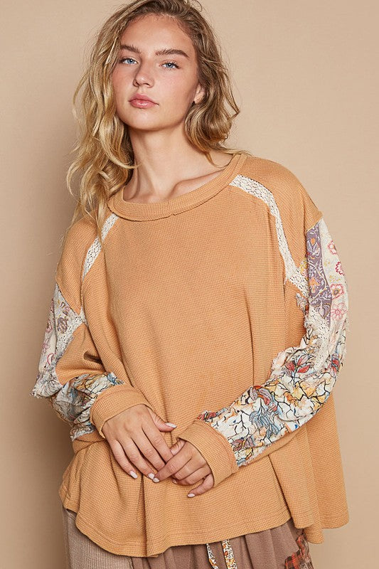 POL Sherbet Waffle-Knit Lace Detail Round Neck Top Sherbet Shirts & Tops