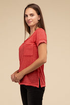 Washed Melange Burnout Scoop V-Neck Top ZENANA